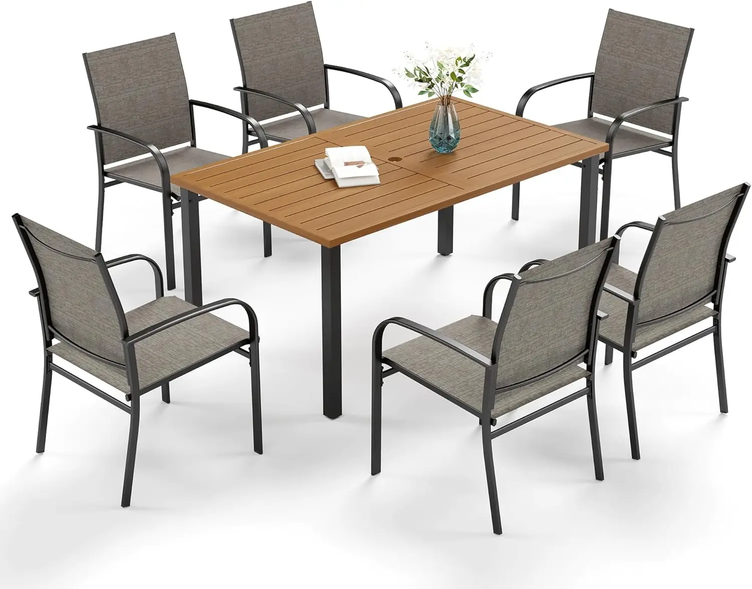 Mesa de Metal para exteriores con agujero para sombrilla, 6 sillas de comedor de Textilene con reposabrazos, mesa y sillas de Patio para todo tipo de clima para césped, jardín y porche