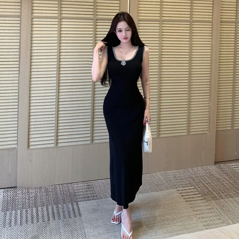 Harajuku Vintage Minimalist Black Knit Bodycon Maxi Dresses U-neck Sleeveless Tank Dress For Women Casual Street Trendy Outfits