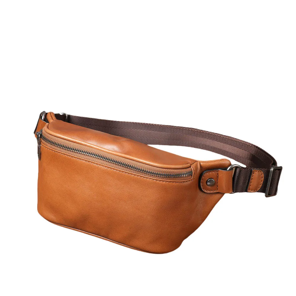 Men Vintage Top Grain Cowhide Sling Chest Bag Large Capacity Crossbody Waist Pack Adjustable Strap Retro Leather Fanny Pouch