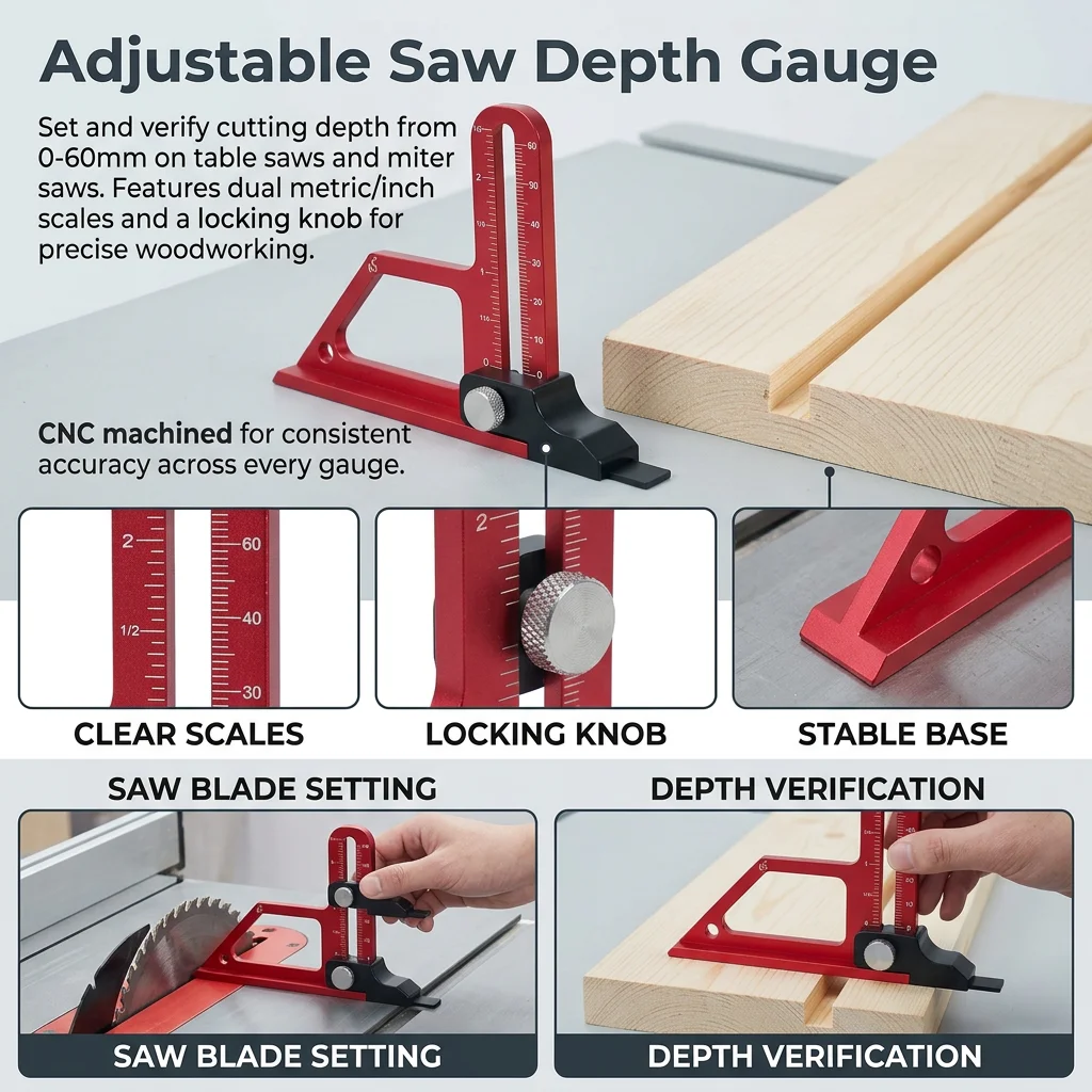 Aluminum Alloy Depth Gauge for Woodworking DIY Carpentry Tool 0-60mm Metric Inch Scale Table Saw Miter Saw Measuring Ruler