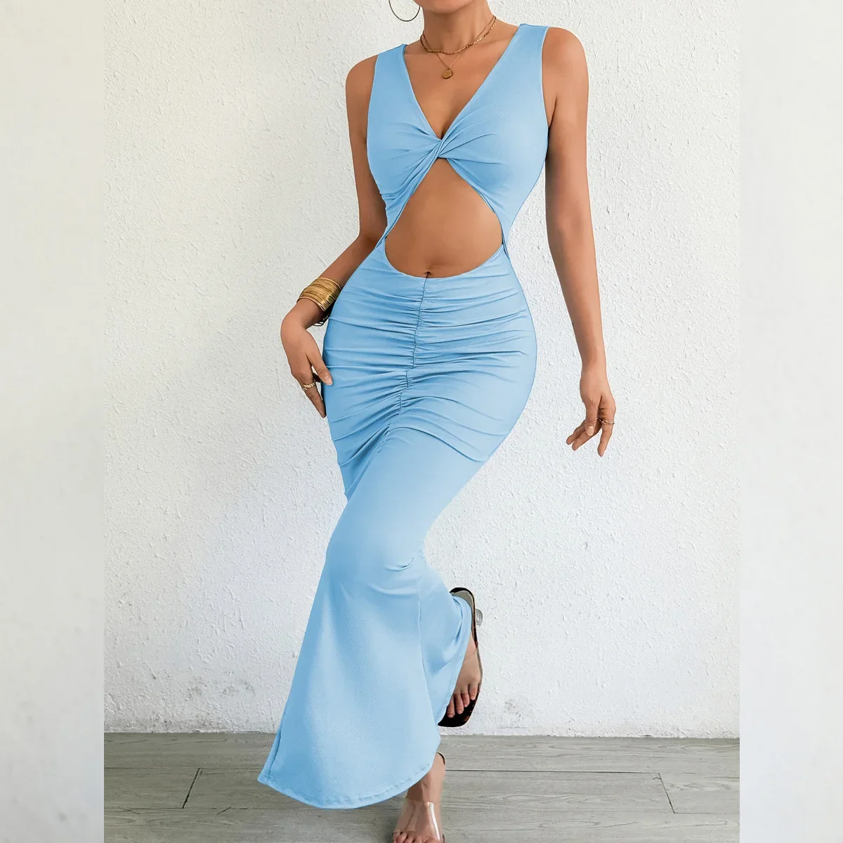 新しいセクシーなホローアウトパーティードレス女性エレガントなノースリーブVネックボディコンドレス女性ファッションイブニングロングドレスブラック