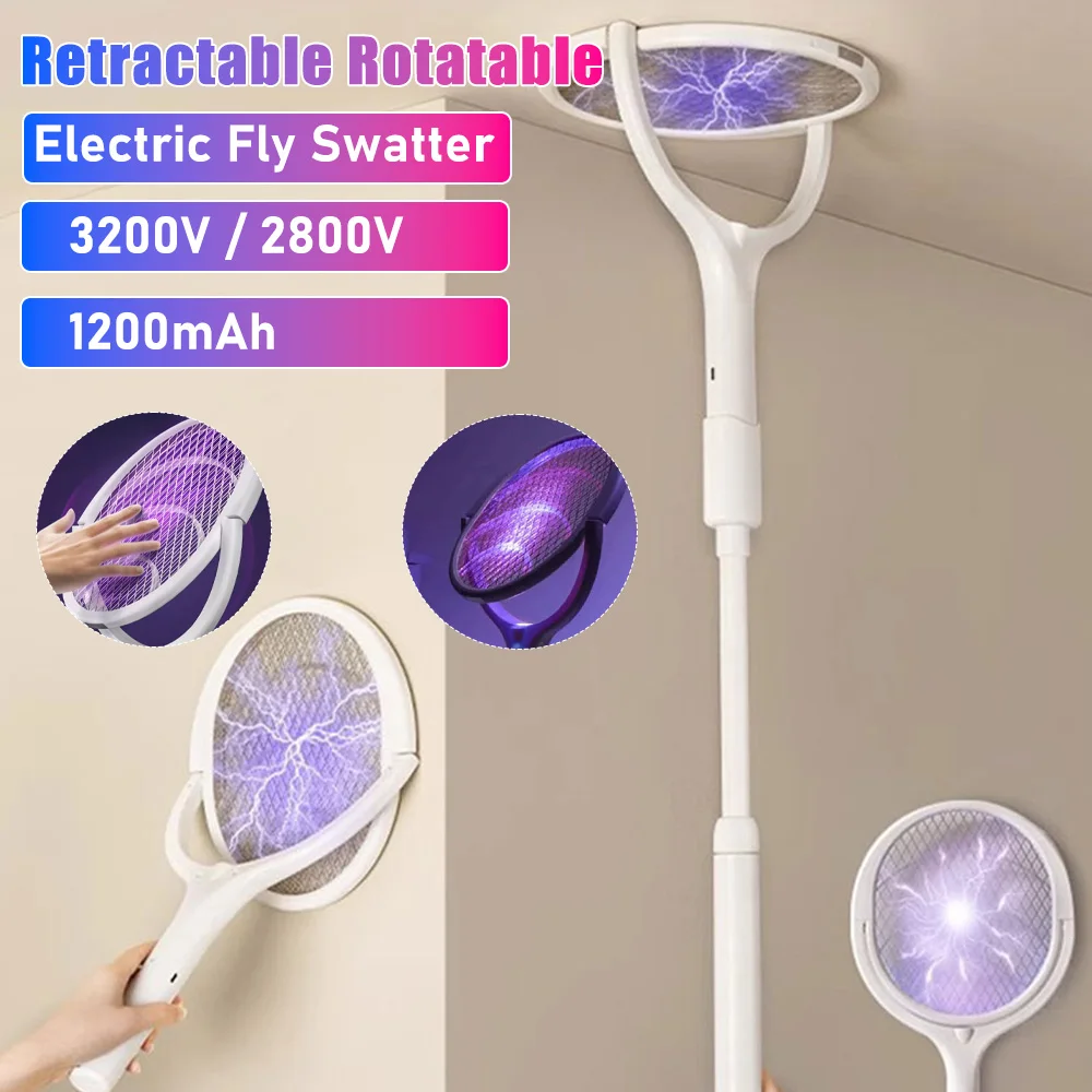 New 2-In-1 Mosquito Killer Lamp Multifunctional Angle Telescopic Mosquito Swatter USB Rechargeable Mosquito Swatter Bat Swatter