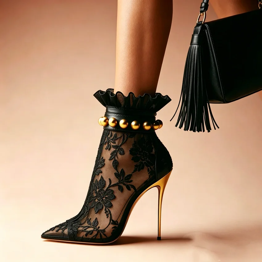 Black Embroidery Mesh Gold Stud Thin High Stiletto Heeled Ankle Boots Women Open Pointed Toe Stilettos Heels Sexy Short Boots