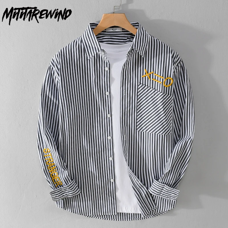 

Japanese Fresh Shirt Men Autumn Youth Street Casual Top Pocket Embroidered Striped Long Sleeve Shirt Male Literary Trendy Shirt