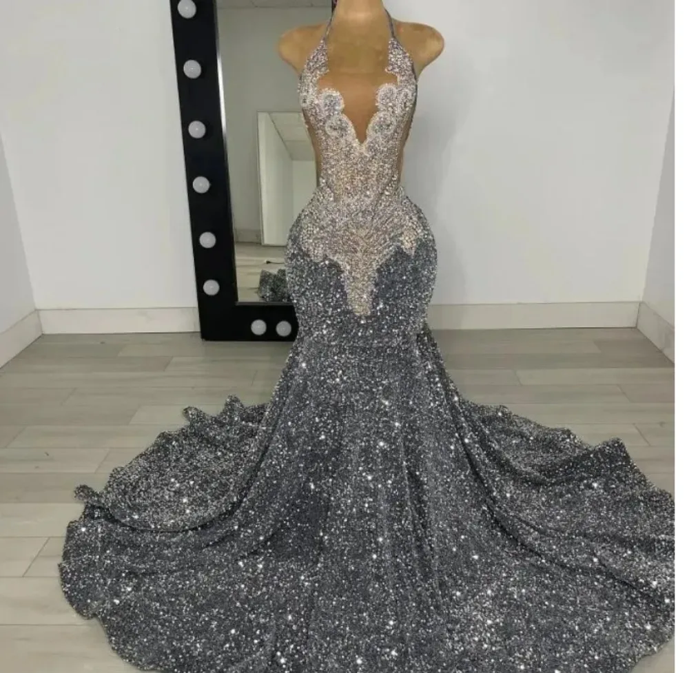 Vestido De fiesta De sirena para niñas negras, traje Sexy con cuentas De diamantes De imitación, tul transparente, cristales brillantes, lentejuelas, 2024