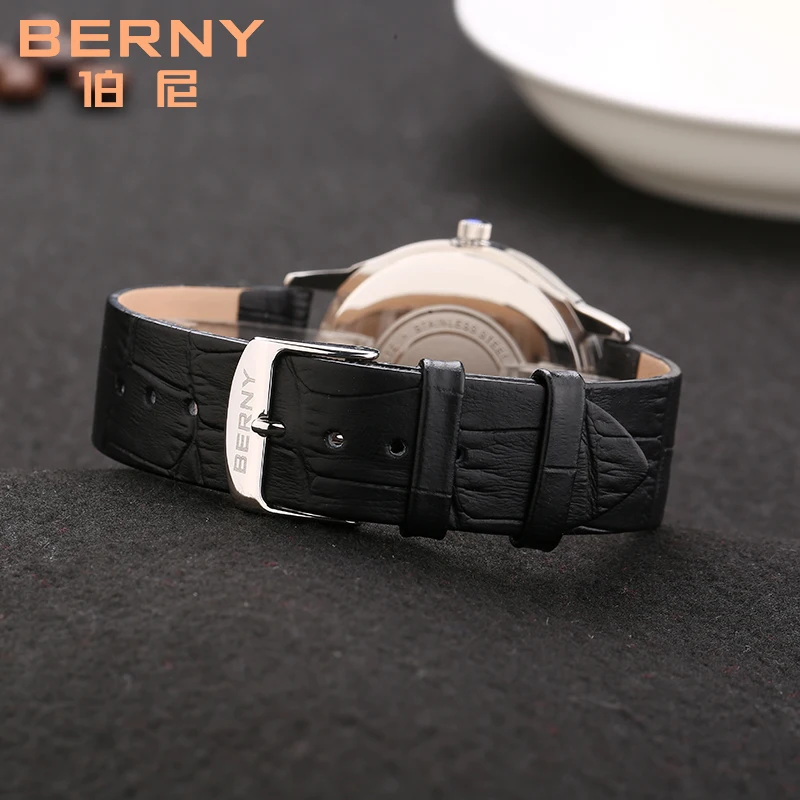 BERNY Men Quartz Watch Japan Wristwatch Ultra-thin Simple Dial Rose Gold Leather 3Bar Waterproof Strap Luxury Business Watch