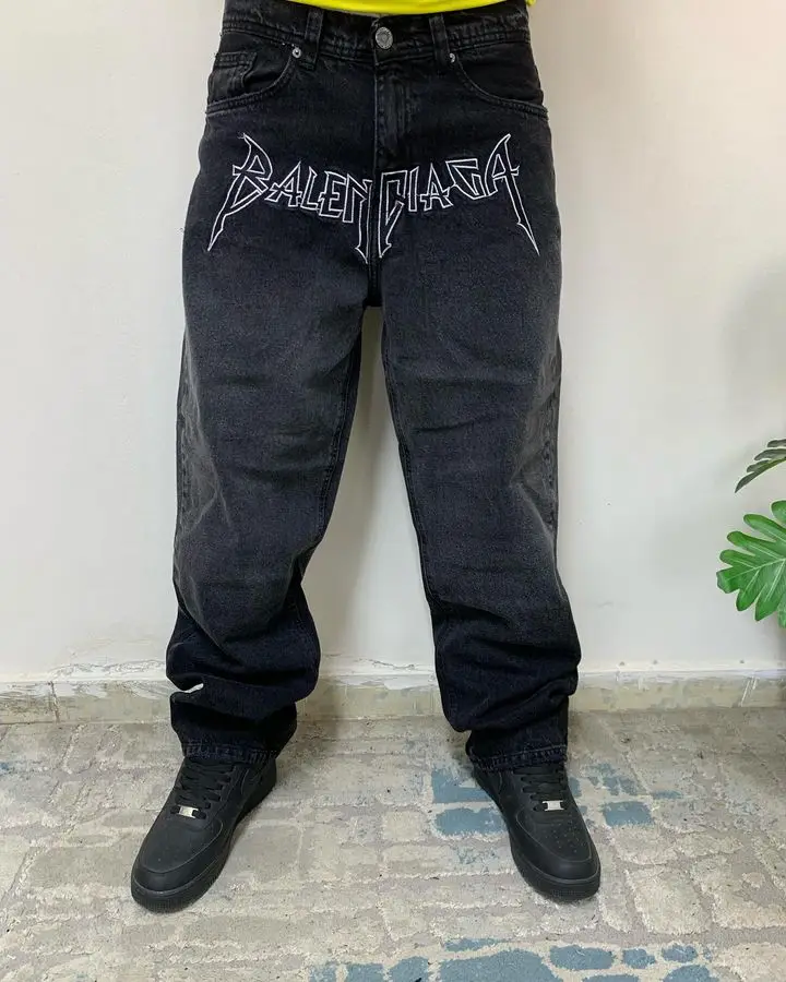 Calça jeans retrô feminina e masculina, calça harajuku, calça hip hop, letra gráfica, punk, cintura alta, perna larga, Y2K, streetwear, cintura alta