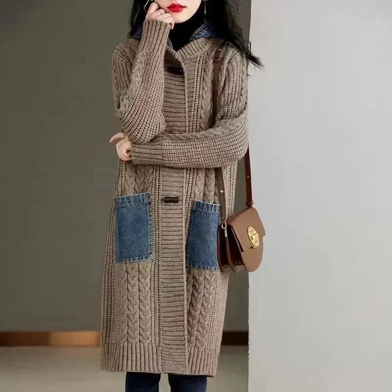 Women Knitted Cardigan Sweater Jacket Mid Length Version Autumn Winter Female Sweater Coat Denim Splicing Ladies Sweater L133