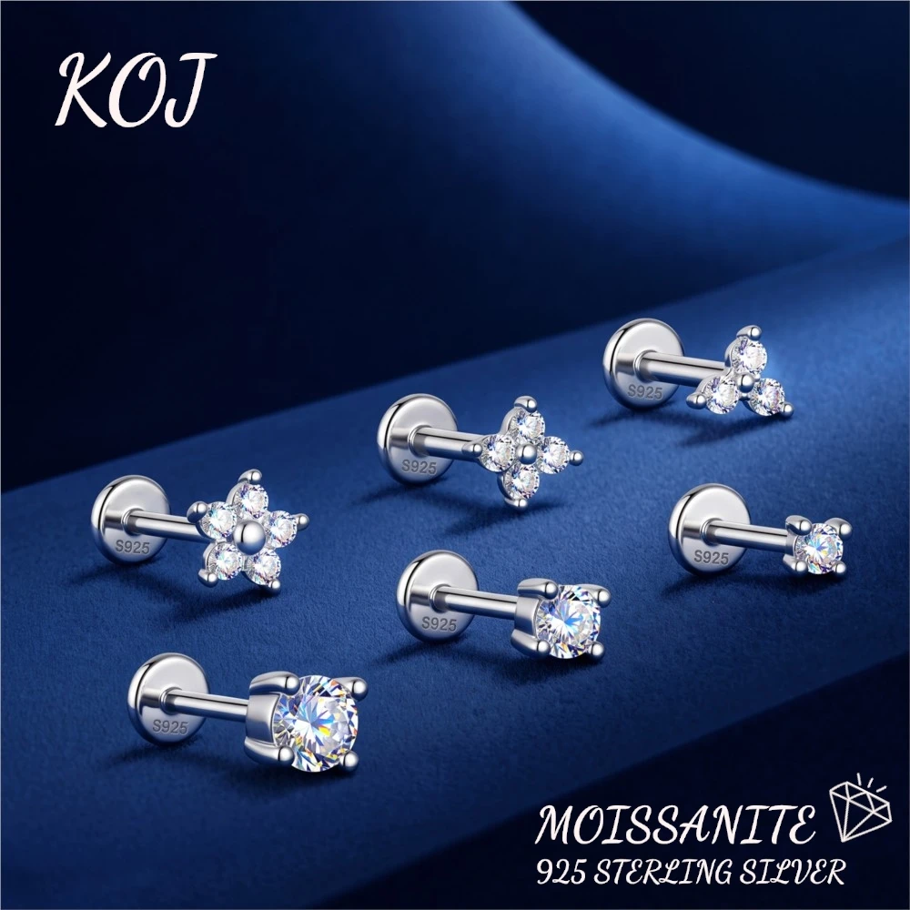 KOJ 1PC S925 Sterling Silver Clover Flower Round Moissanite Flat Back Cartilage Stud Helix Tragus Piercing Dainty Earring Gift