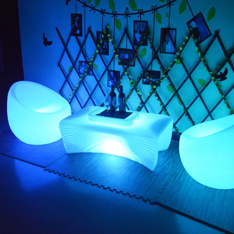 Juego de muebles de Bar, mesa Bistro luminosa de 110x66x40cm, patrón de carcasa de plástico PE, mesas de iluminación LED para exteriores, muebles de