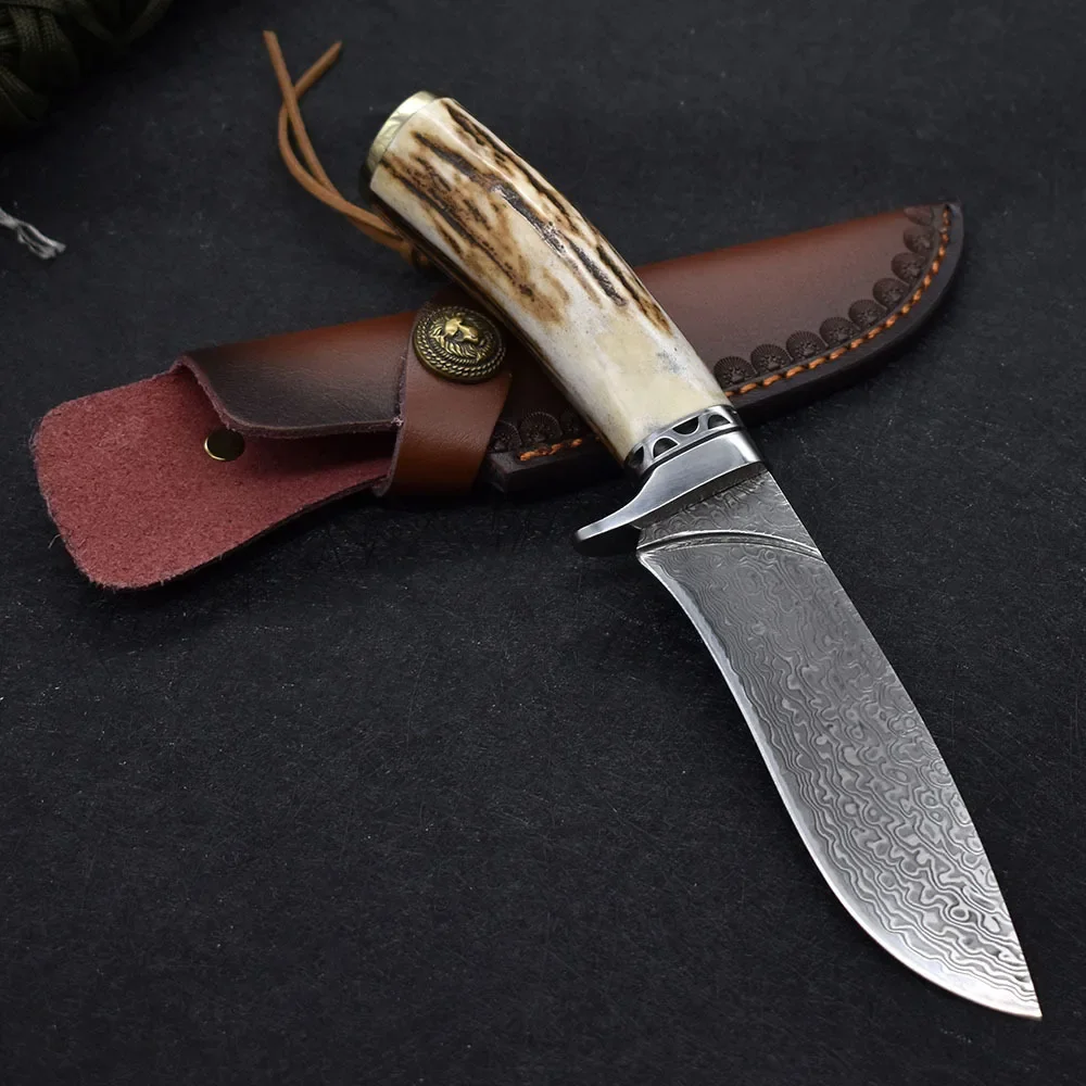 Damascus Steel Outdoor Camping Survival Straight Knife Deer Horn Handle Hunting Fixed Blades Knife Self Defense Tool with Case