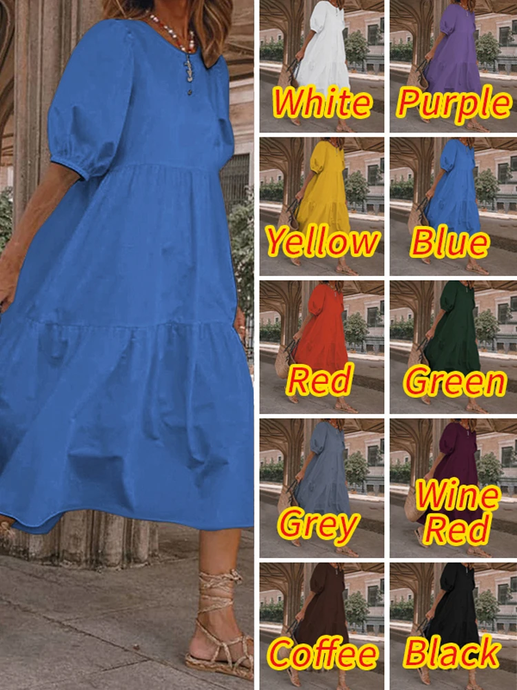 Summer Dress Vintage Lantern Sleeve Mid-Calf Dress Beach Bohemian Women Summer Sundress 2023 VONDA Casual Vestido Oversized Robe