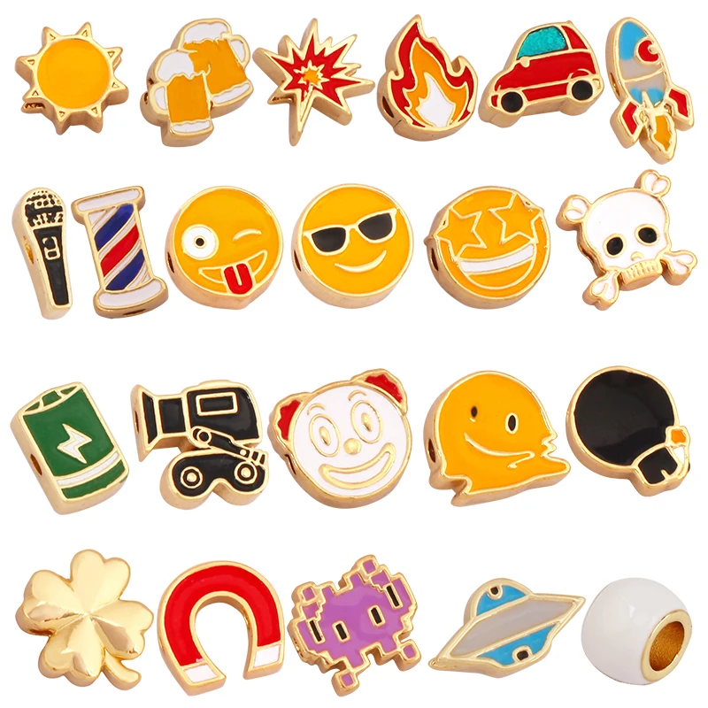 Colourful Enamel Sun Lightning Camera Beer Cup Car Fire Happy Face Bead,18K Gold Plated Bracelet Necklace Accessories Supply K49