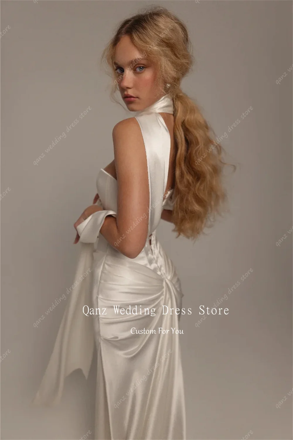 Qanz Minimalism Mermaid Wedding Dresses Bride Soft Satin Ivory Robe De Mariée Open Back Women Vestido De Novia Customized