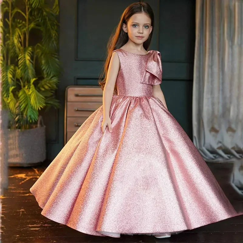 

Baby Girls Formal Banquet Gown Little Girls School Graduation Ceremony Dress Junior Pink Princess Party Glitter Dresses Bow