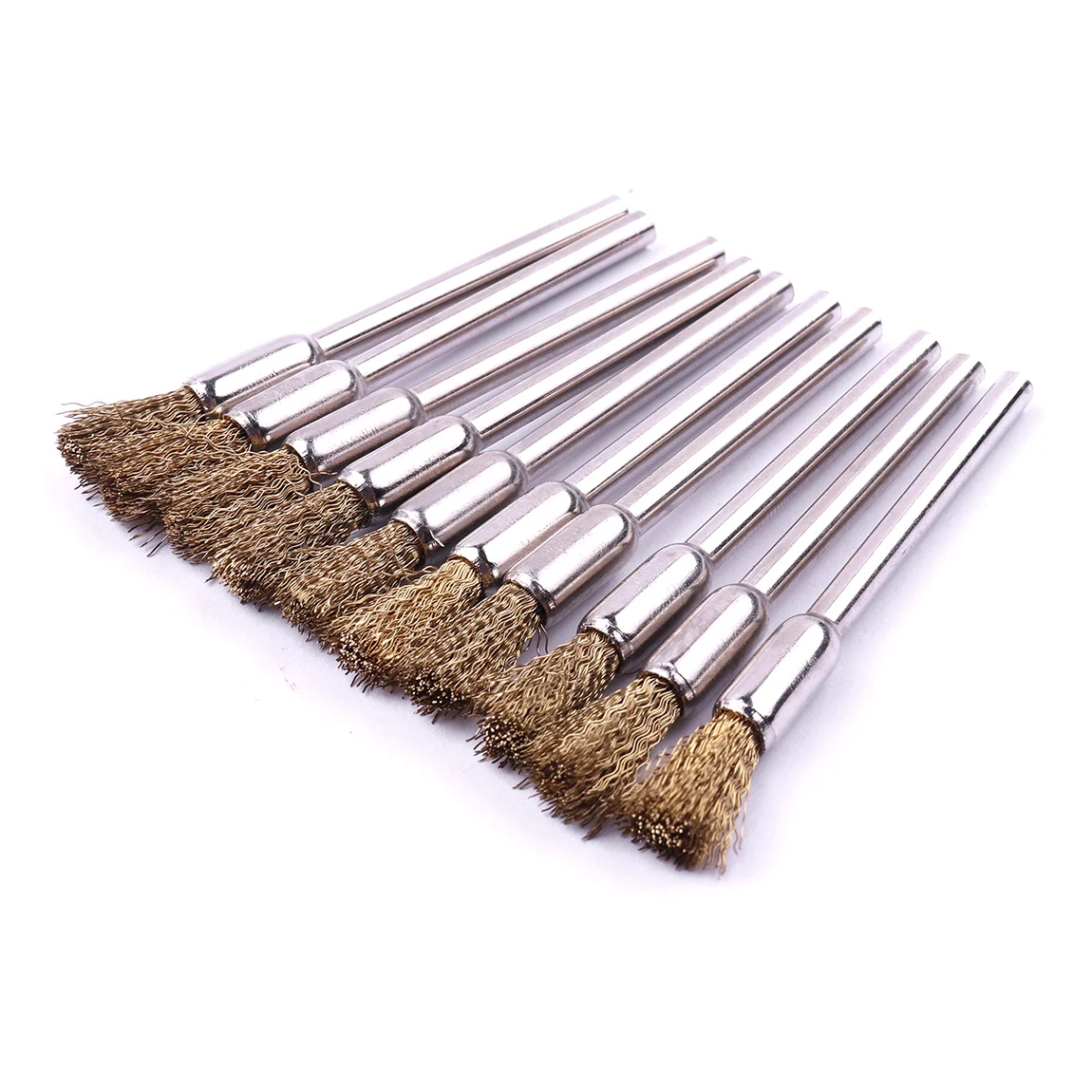 10pcs Wire Wheel Brush Set Brass Polishing Dremel Brushes 3mm Shank for Power Die Grinder Rotary Electric Abrasive Tool