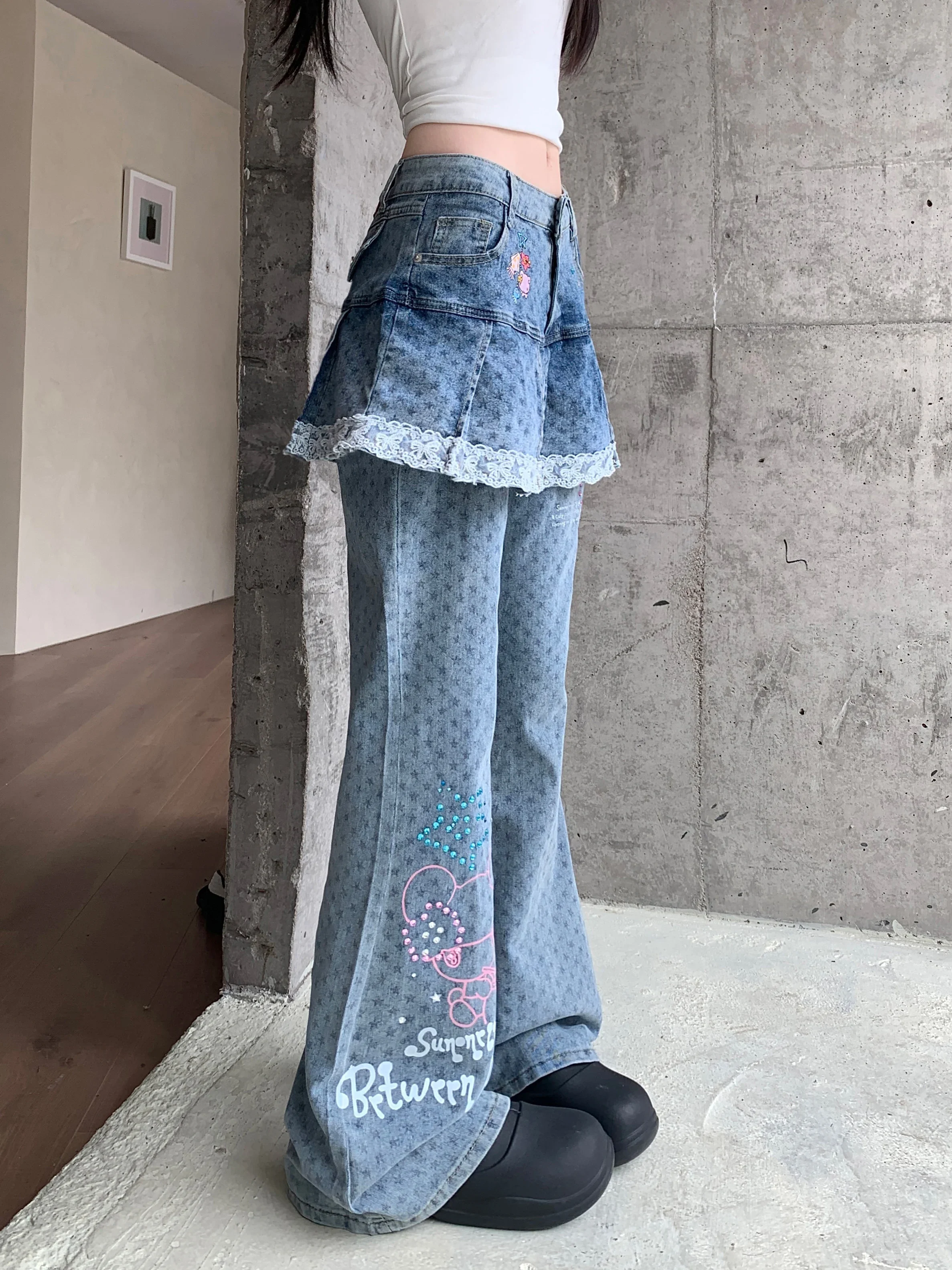 25 American Street Y2K Lace Patchwork Fake Two-piece Skirt and Pants with Overlapping Design, Slimming and Slightly Flared Pants