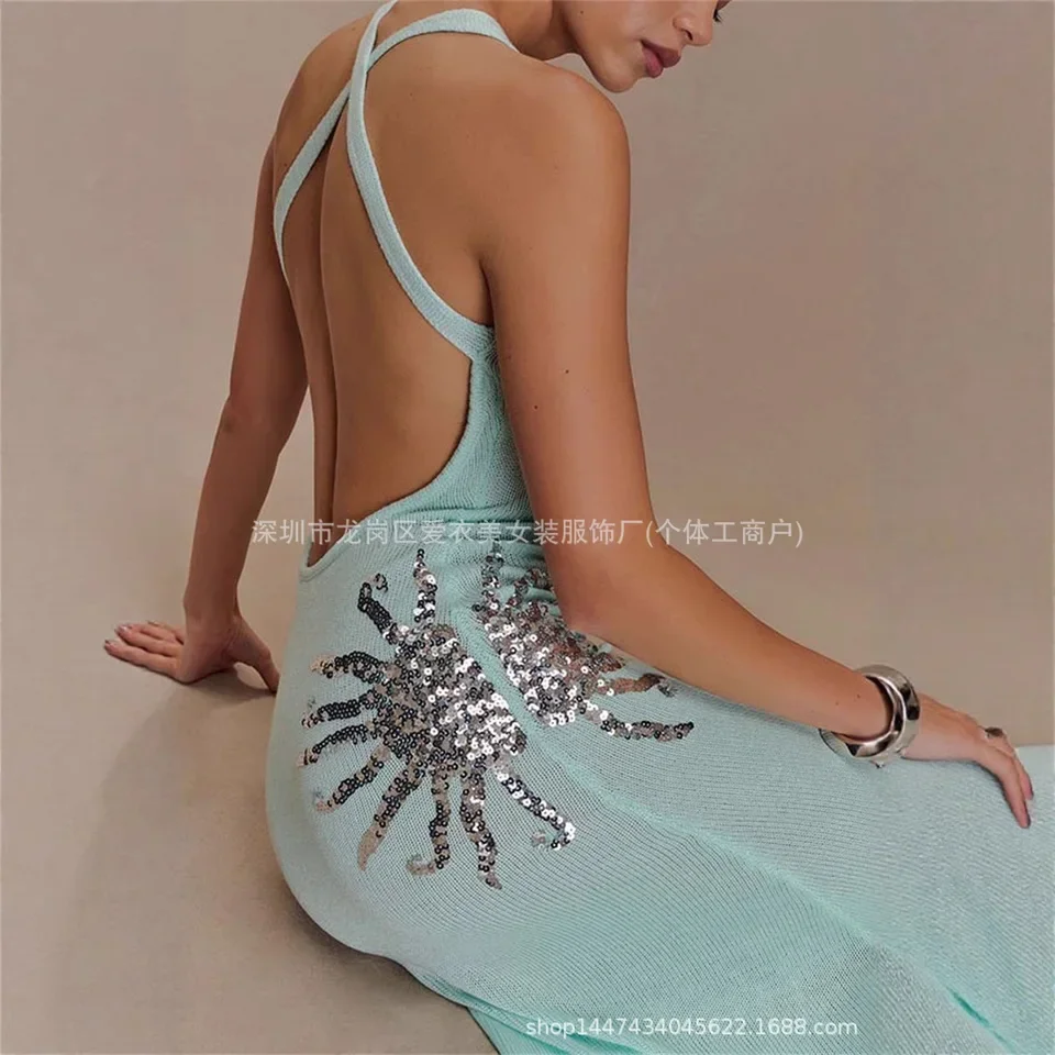 2025 Summer New Backless Sequin Slim Sleeveless Long Dress Women Sexy Spaghetti Strap Gown Multi Color Options