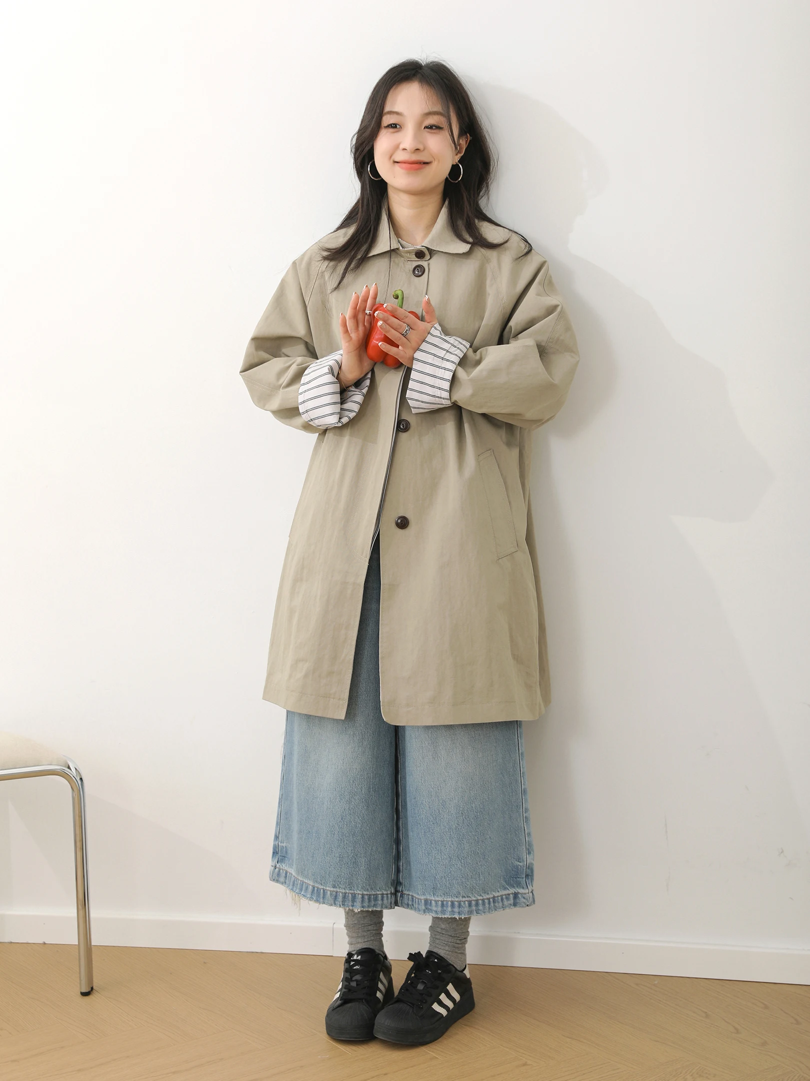 

Samuji Spring 2026 Loose Casual Korean Style Mid-Length Coat Collar Windbreaker Elegant Small Size Women's Fashion Outerwear