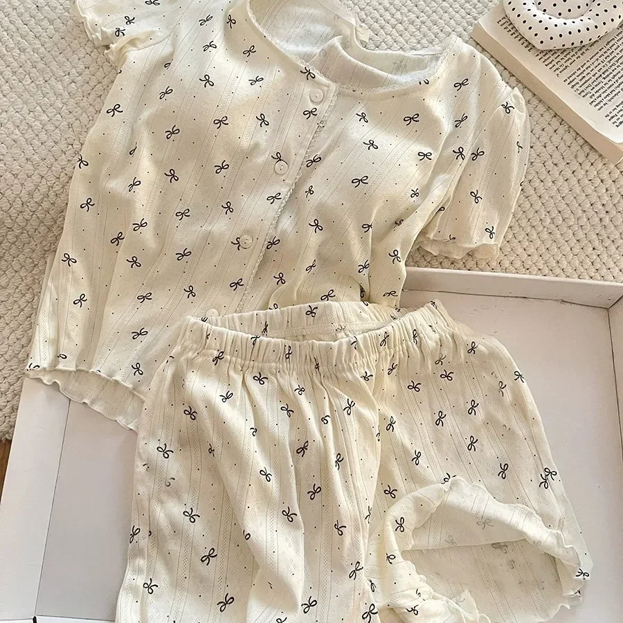 Summer New Women's Summer Pajamas Printed Short-Sleeve Pajamas for Girls with Chest Pads, Thin Casual Shorts, Loose Homewear Set