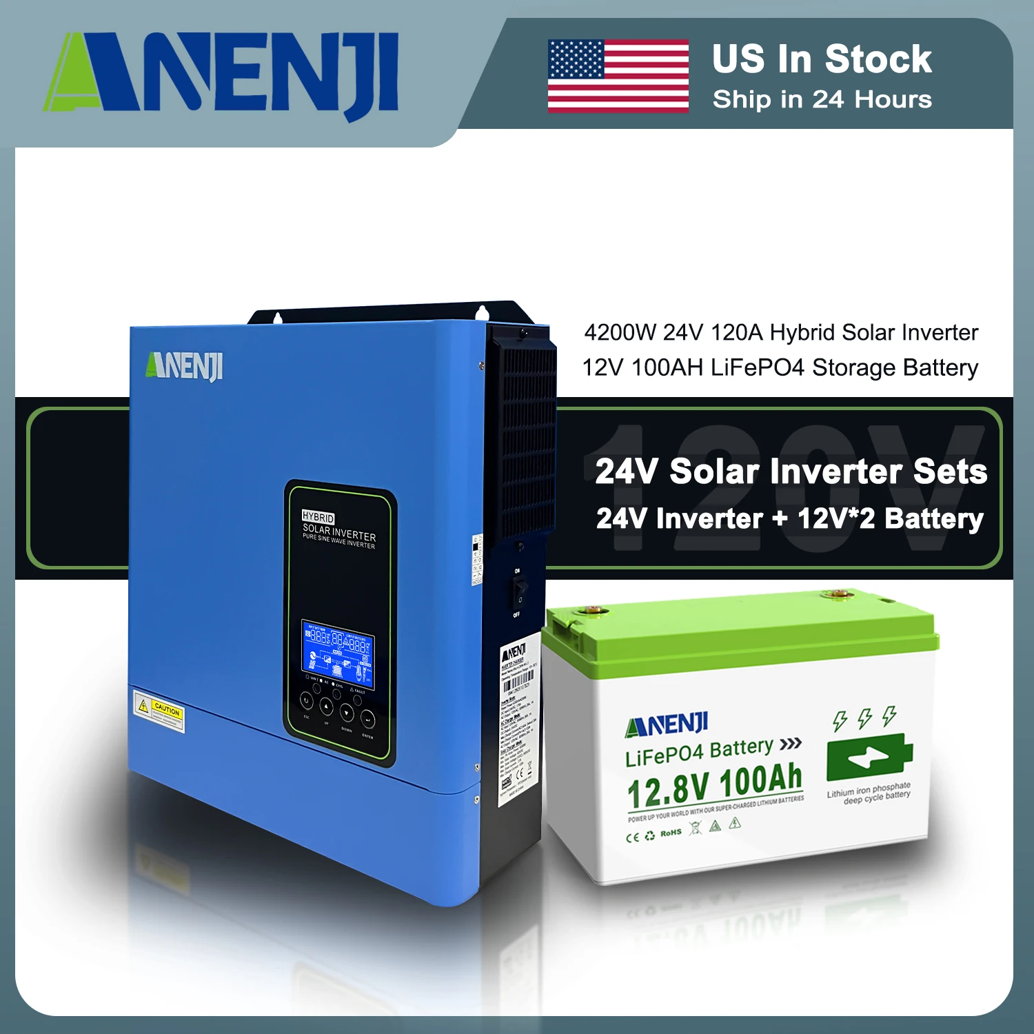 ANENJI 24 Inverter+Battery Sets 120VAC 4200W 24V Solar Inverter Built-in 120A MPPT Pure Sine Wave Home Inverter 12V 100AH LiFePO4 Battery 2Pcs Connected 24V In Series Built-in BMS