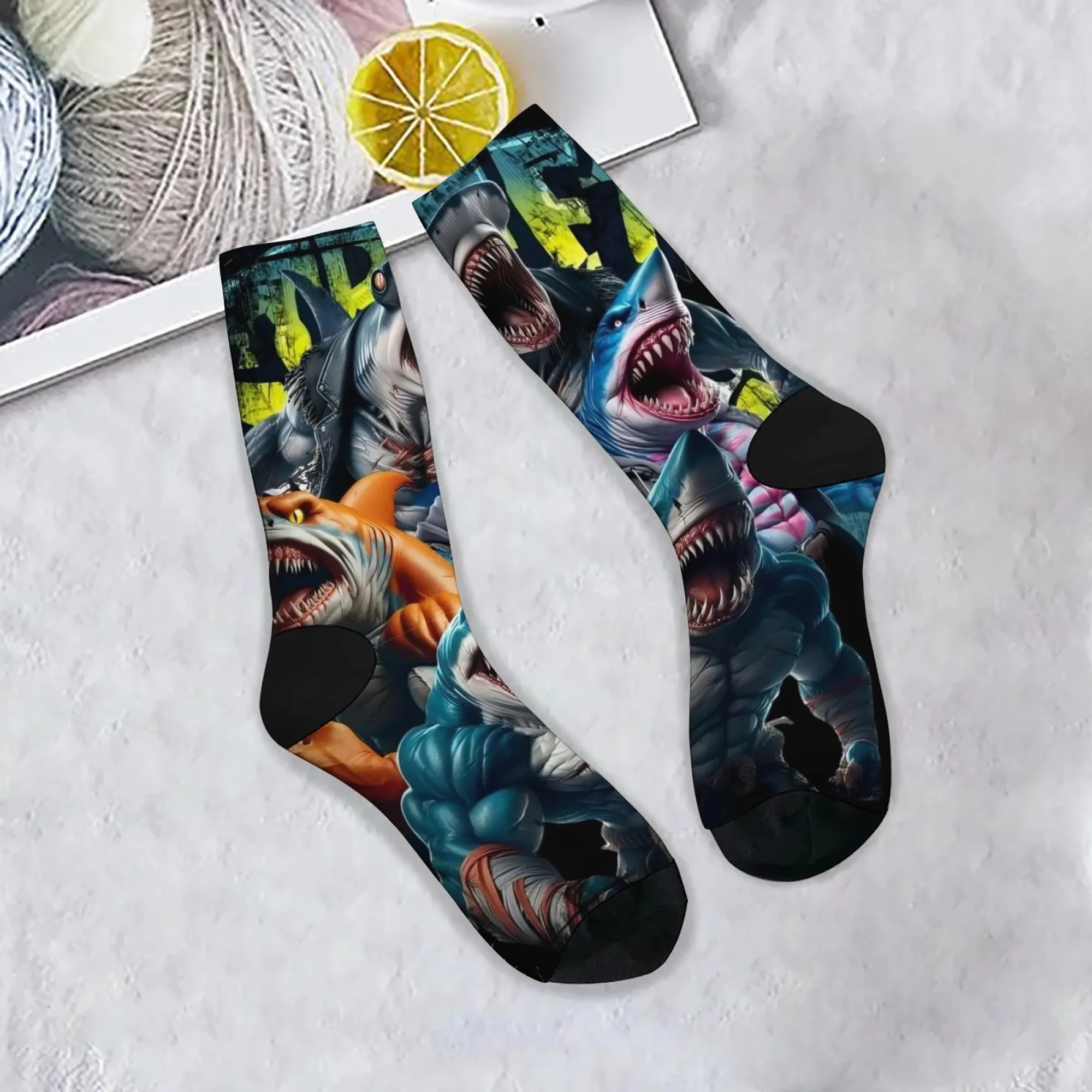 Roman Harajuku Retro Thriller Shark Print Herrensocken Bequeme und atmungsaktive Freizeitsocken Street Hip Hop Crew Socken Geschenk