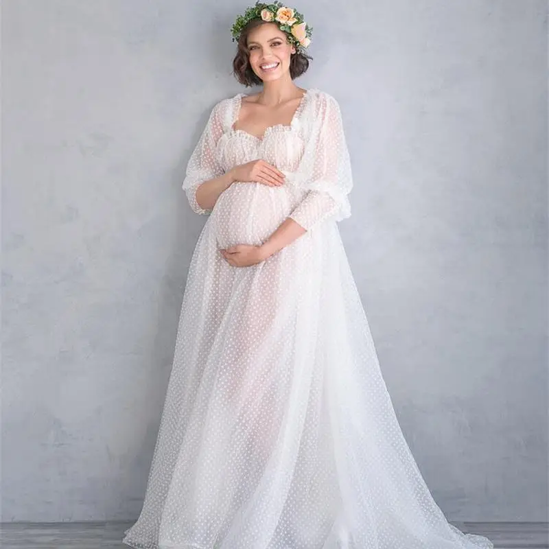 Sweetheart Boho Maternity Dresses Long Sleeve Dot Tulle Photography Dressing Gowns Women's Prom Dress Vintage robe de mariee