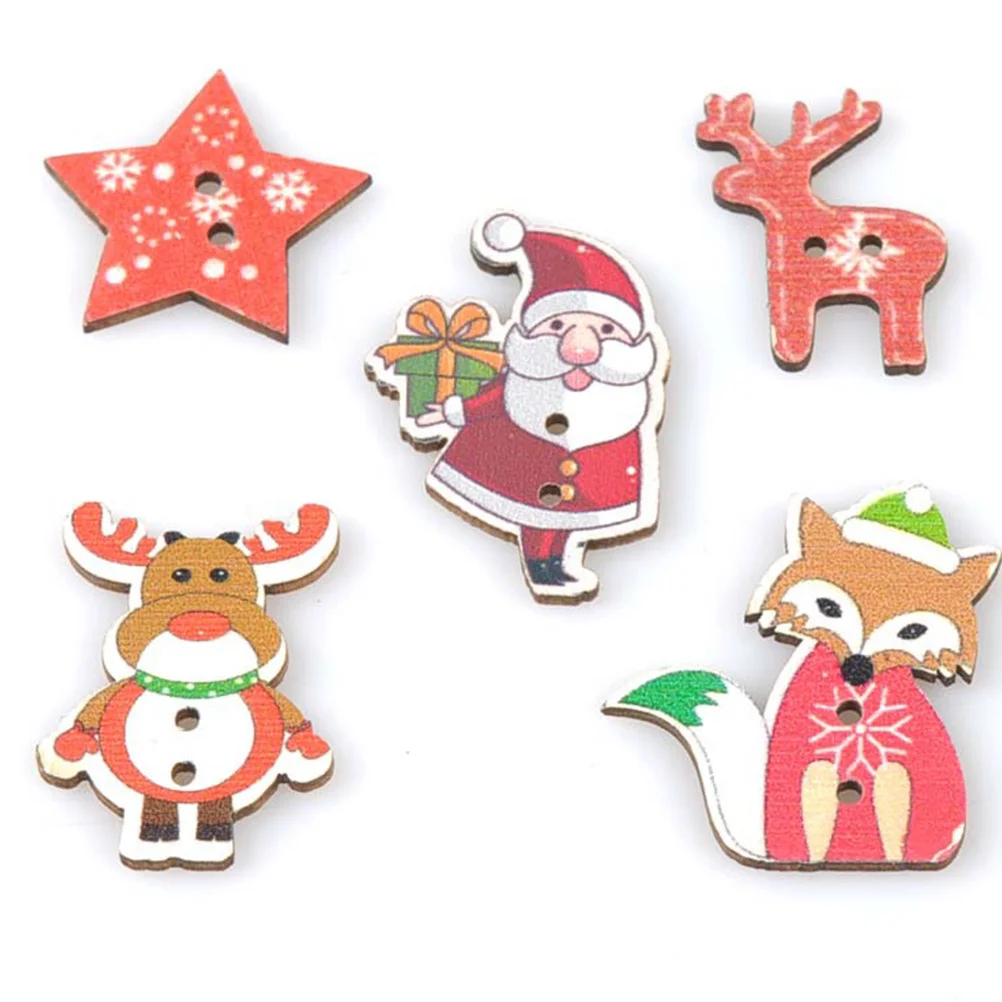 

50Pcs Wooden Buttons Festive Cartoon Printed Buttons for Sweaters Hats Socks DIY Creative Holiday Clothing Accessories