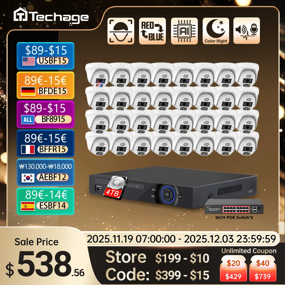 

Techage 32CH NVR 4K POE Security Camera System 8MP 5MP AI Face Detection Two Way Audio CCTV Video Surveillance Set XMEYE Kits