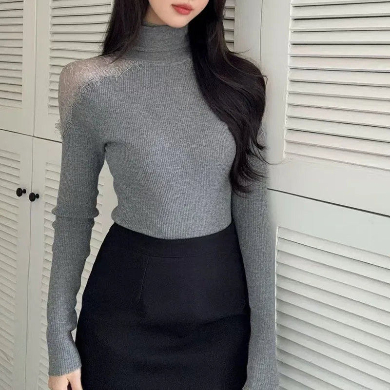 سترة نسائية ذات طبقة أساسية عالية الرقبة من الدانتيل، بلوفر علوي أنيق ومتعدد الاستخدامات، سترة صوف مميزة، وصل حديثًا ربيع 2026