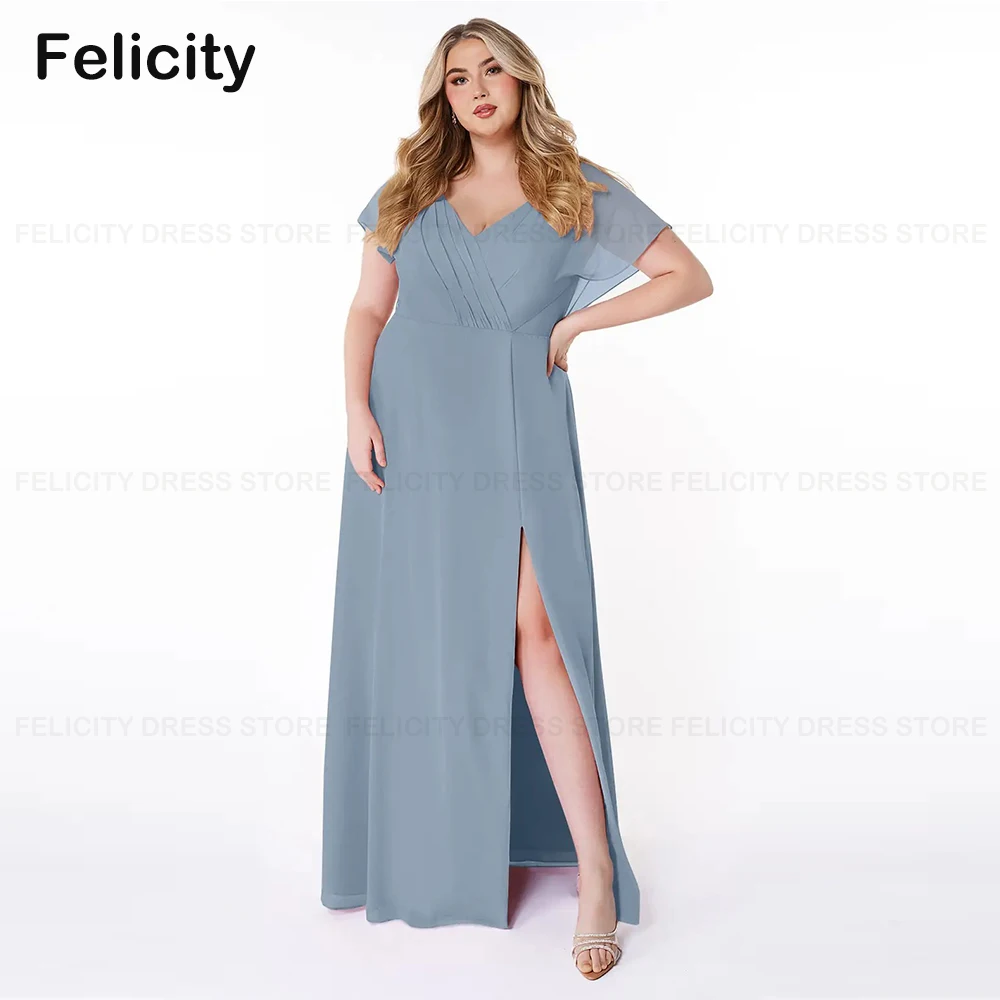 Dusty Blue Plus Size Mother of the Bride Dress 2023 A-Line V-Neck Wedding Guest Dresses Pleated Chiffon Front Slit Evening Gowns