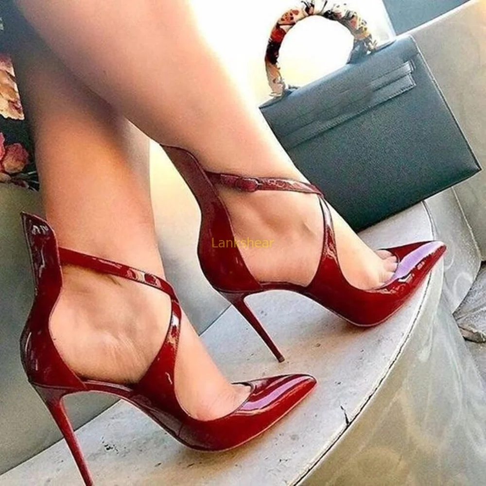 

Burgundy Patent Leather High Heels Sexy Cross Tied Pointed Toe Stiletto New Arrivlas Fashion Women Runway Shoes