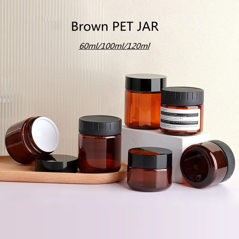 50pcs 60/100/120ml Empty Cream Jar Facial Mask Jars Lotion Bottles Brown Thick PET Cosmetic Container Travel Refillable Bottle