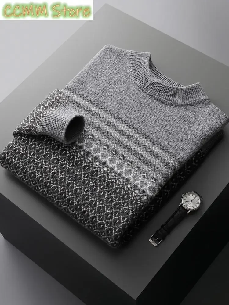 New Men Mock-neck Cashmere Sweater Autumn Winter Thick Pullover 100% Merino Wool Knitwear Jacquard  Knitting Warm Casual Tops