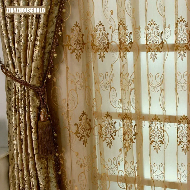 European Luxury Gold Curtains for Living Room Bedroom Sheer Embroidered Tulle Print Shading Windows Backdrop Customize Шторы