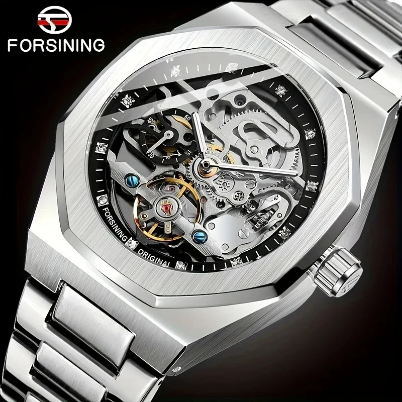 Montre mécanique automatique de luxe pour homme, design hexagonal unique et élégant, bracelet en acier inoxydable, cadeau idéal pour lui, montre de luxe pour homme |   Bracelet à la mode |   Cadran tr