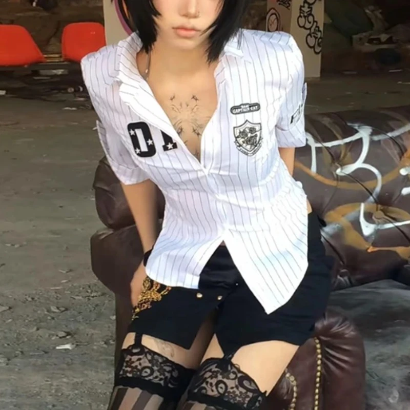 

High Street Y2k Japanese Striped Shirt Women Three Quarter Print Graphic Tops 2000s Aesthetic Summer Fashion Crop Tops Grunge