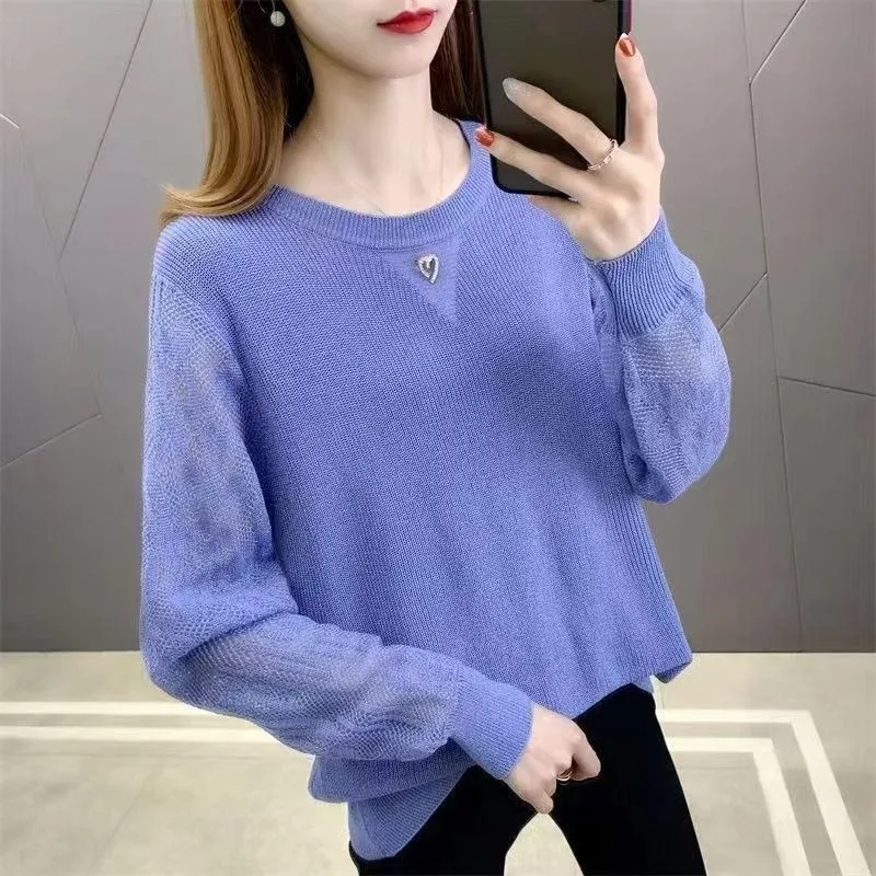

Women's Clothing Fashion All-match Solid Knit Pullovers Spring Autumn 2025 New Hollow Out Elegant O-neck Thin Sweaters Lady Tops