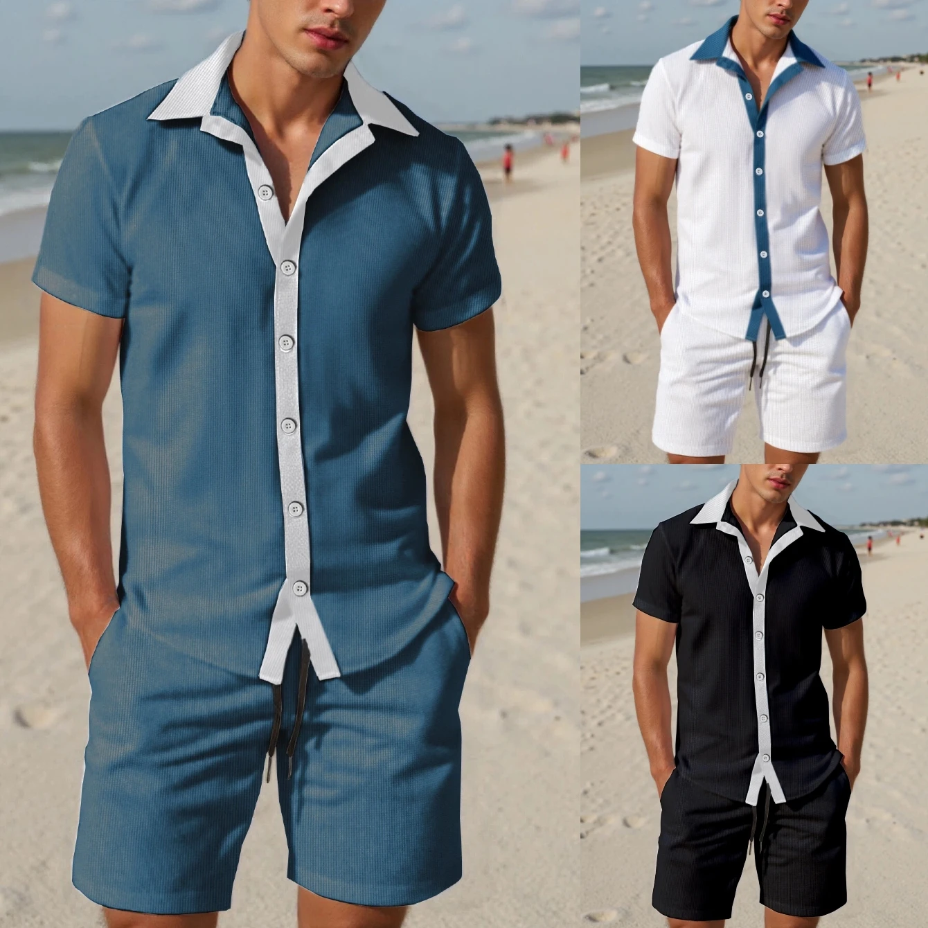 

Summer new men's short-sleeved shirt and shorts set, trendy and comfortable beach outfit, trendy and casual short-sleeved set