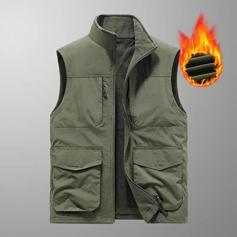 Plush Men's Solid Color Autumn and Winter Zipper Cardigan Pocket Vest Work Vest Jacket Top