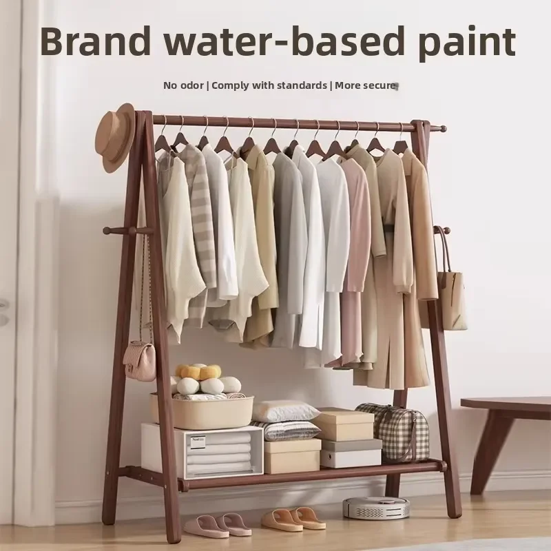 Solid Wood Floor-Standing Bedroom Coat Rack with Multifunctional Hanging Shelf Indoor Clothes Drying Rack-Minimalist Design