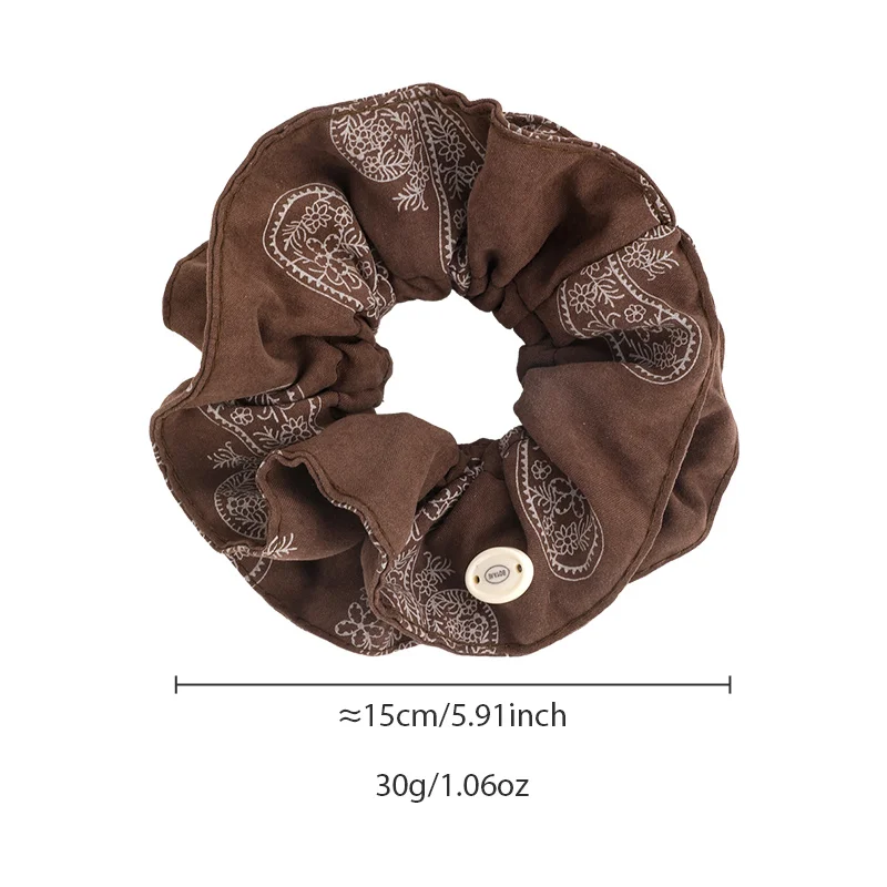 Korean-Style Caramel Brown Double-Layer Fabric Scarf Hair Tie for Women Lazy-Chic Low Ponytail Hairband with Leather Accents