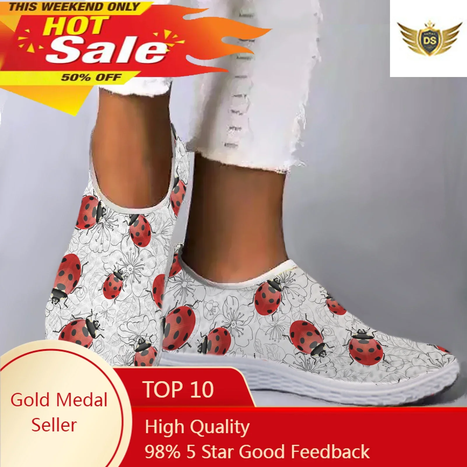 White Lightweight Seven Star Ladybug Pattern Design Mesh Sneakers Comfort Slip On Shoes Soft Leisure Shoes Zapatos