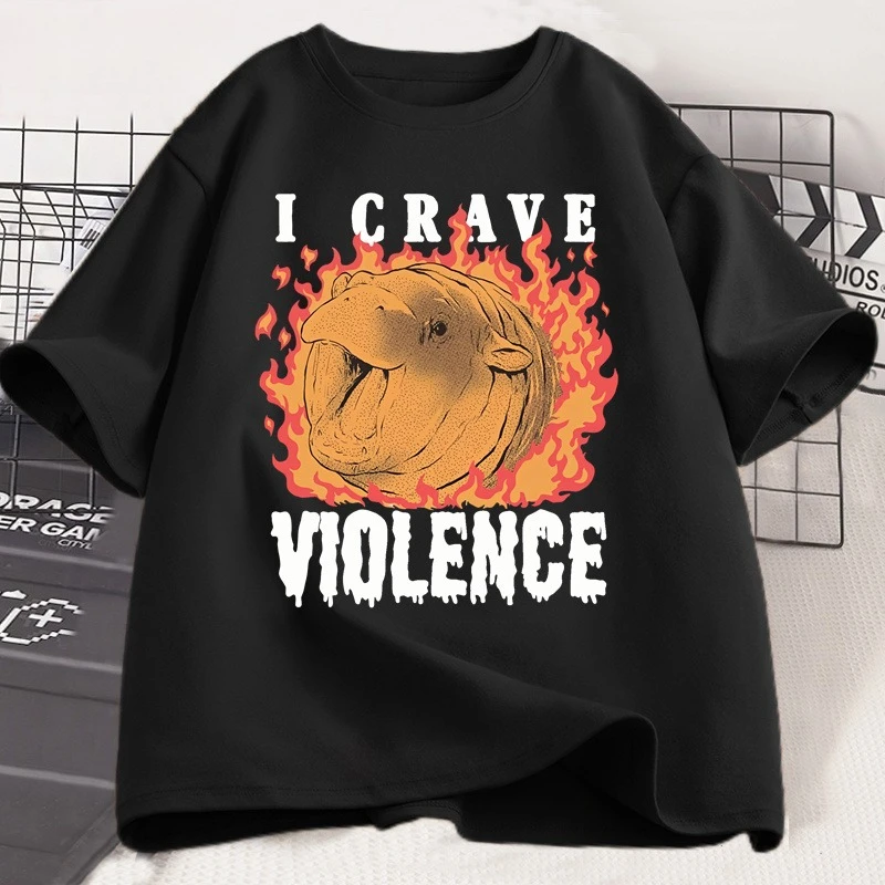 

Moo Deng Crave Violence Tshirt Men Vintage 90s T-Shirt Retro Hippo Meme Tee Shirt Cute Fire Funny Unisex Cool Breathable Top