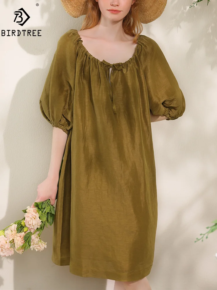 

BirdTree, Mulberry Silk Linen Elegant Dresses, Women Puff Sleeve Lace-up, Vacation Loose OL Dress, 2024 Summer Autumn D46065QM