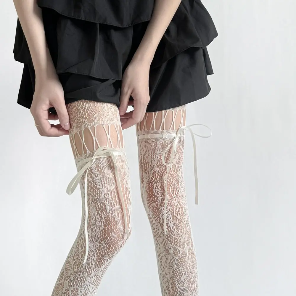 High Waist Mesh Lace-up Pantyhose Smooth Hollow-out Shaping Silk Stockings Hot Girl Style Stretch Sheer Pantyhose Tights Party
