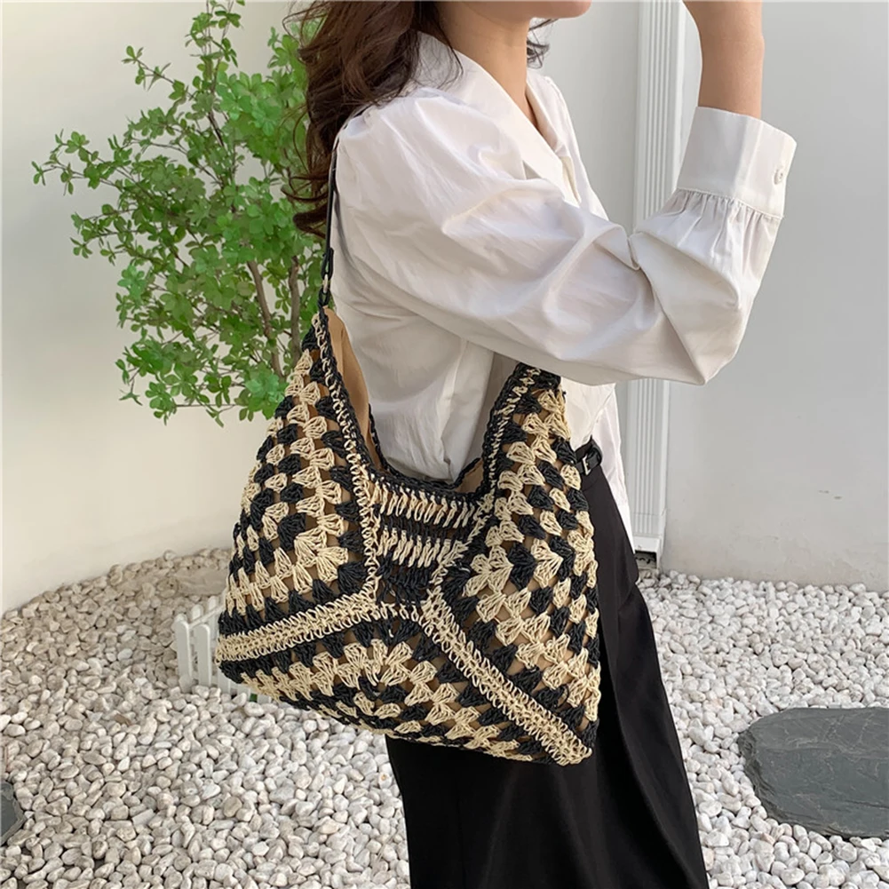 

Women Weave Straw Bag Large Capacity Straw Woven Tote Bag Stripes Woven Shoulder Bag All-matched Beach Travel Bag