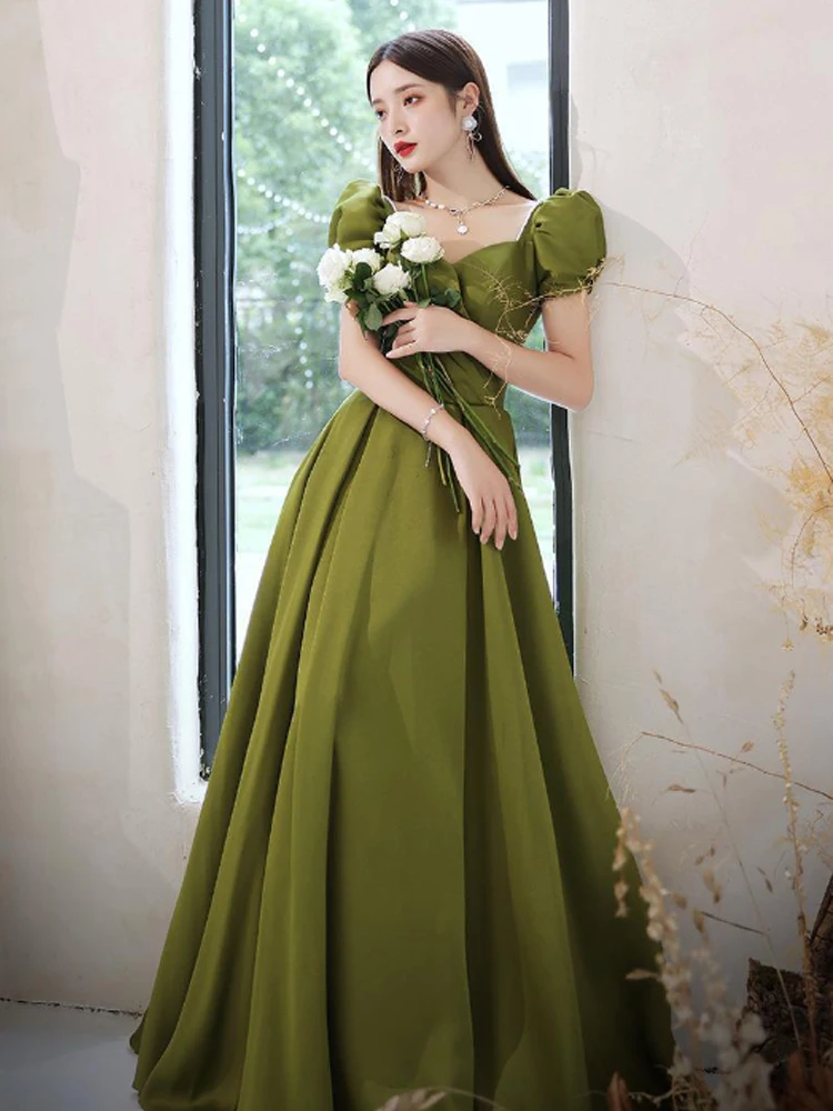

Classical Green Satin Wedding Dresses Elegant Pearl Neck Puff Sleeve Floor-Length Princess Dress Formal Party Forest Elf Gown