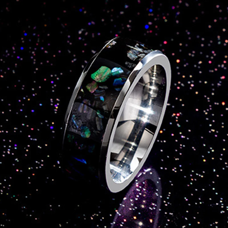 8mm Titanium Steel Wedding Rings for Men Women Galaxy Created-opal Inlay Fashion Comfort Fit Polished Charm Jewelry