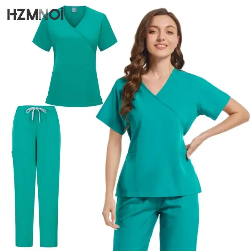 Women Scrub Set Operating Room Uniform Scrubs Hospital Working Doctor Nursing Tunic Suit Comfortable Short Sleeve Workwear